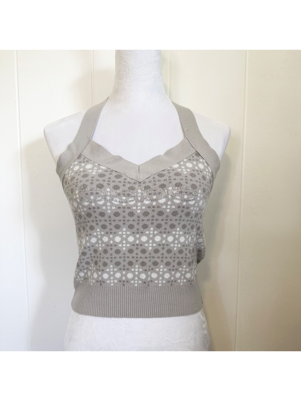 y2k Bebe Logo Bedazzled Gray White V-neck Halter Top Women's Medium